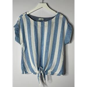 L.L. Bean Signature Linen Top Womens Medium Blue Stripe Tie Front Coastal Beach